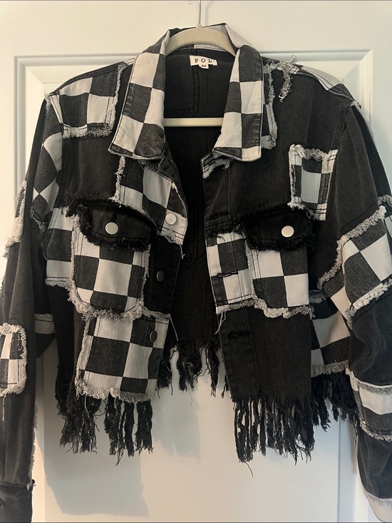 POL Jackets & Blazers - POL Black & White Check Distressed Cropped Denim Jacket